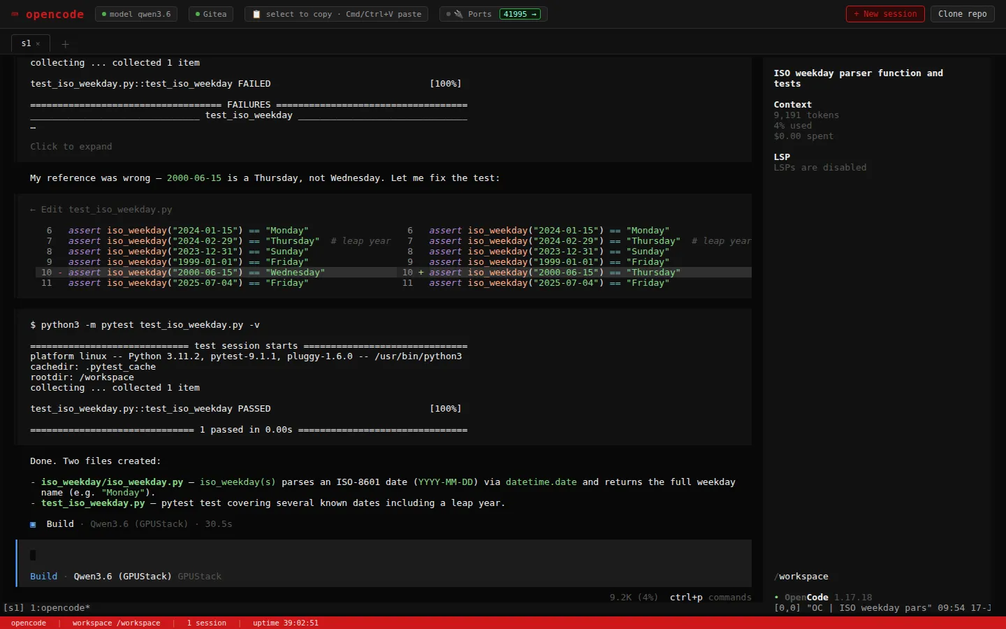 OpenCode läuft im Web-Terminal des rzfz.ai Stack