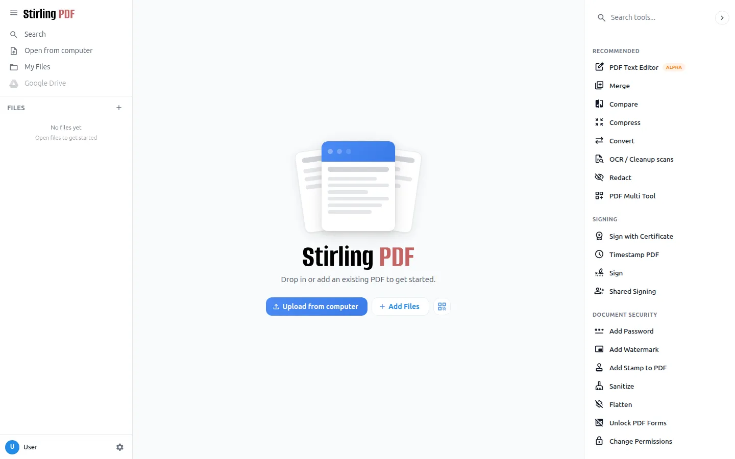 Stirling PDF im rzfz.ai Stack: Werkzeuge zum Zusammenführen, Teilen und Konvertieren von PDF-Dateien