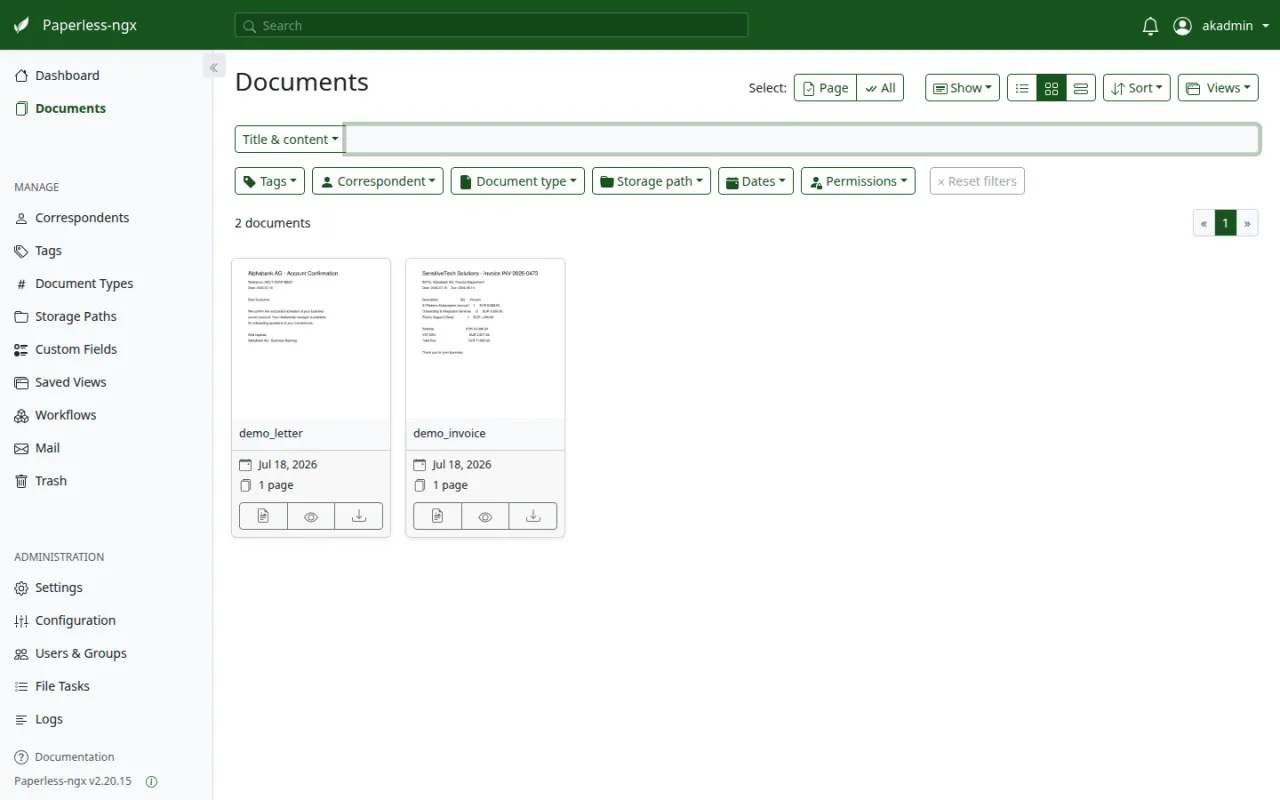 Die Paperless-ngx-Dokumentenübersicht mit zwei Demo-Dokumenten, „demo_letter" und „demo_invoice", samt Vorschaubildern und Metadaten.